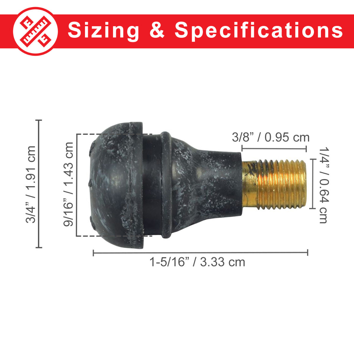 Straight Valve Stem for Tubeless ATV, Dirt Bike, & Scooter Tires, features a black and gold metal body with a gold nut, 15mm stem mount diameter, and an overall length of 35mm.