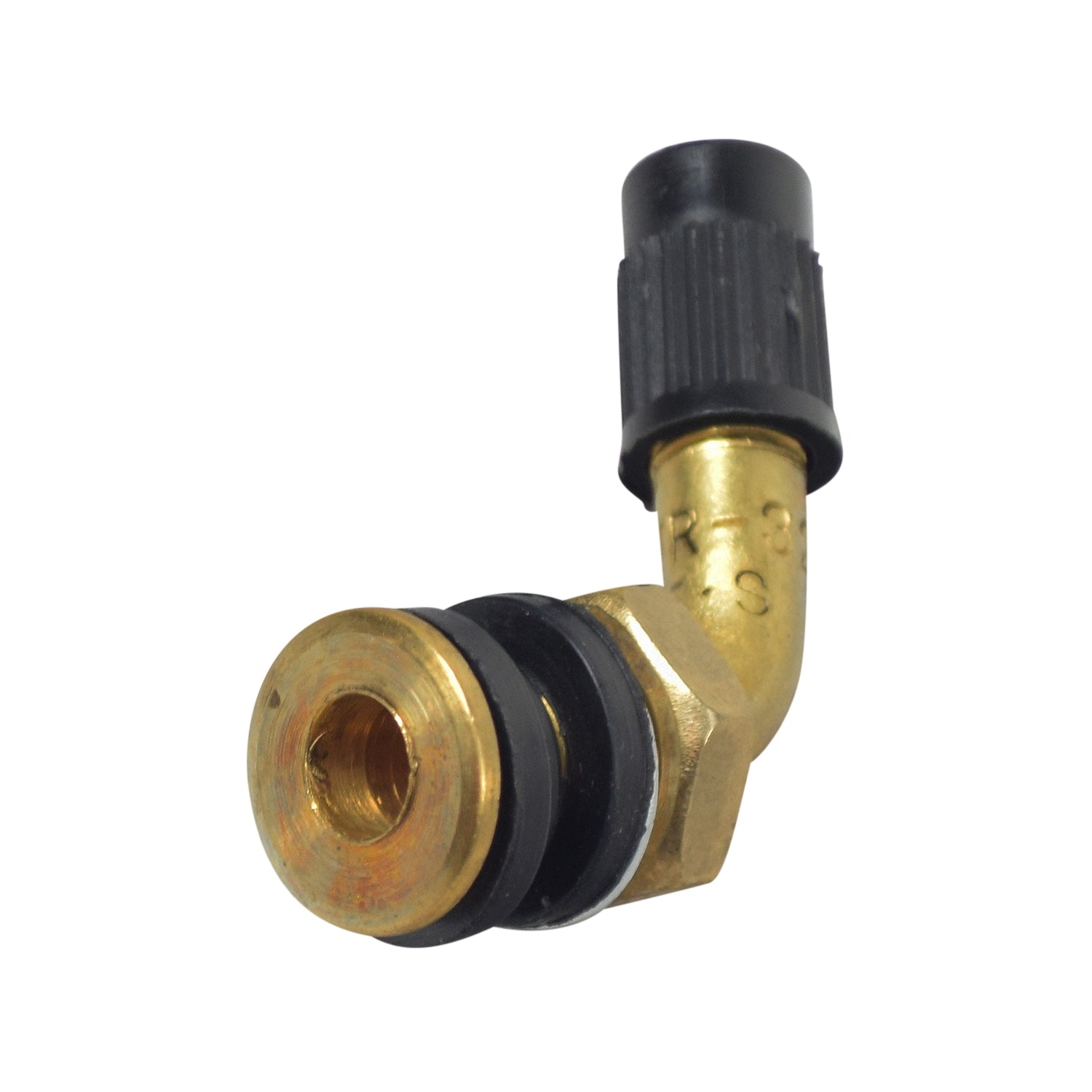 Bent Valve Stem for Tubeless Tires with Removable Locking Nut and Seals, showcasing a close-up of its gold and black metal construction, brass rim, and engraved letters.