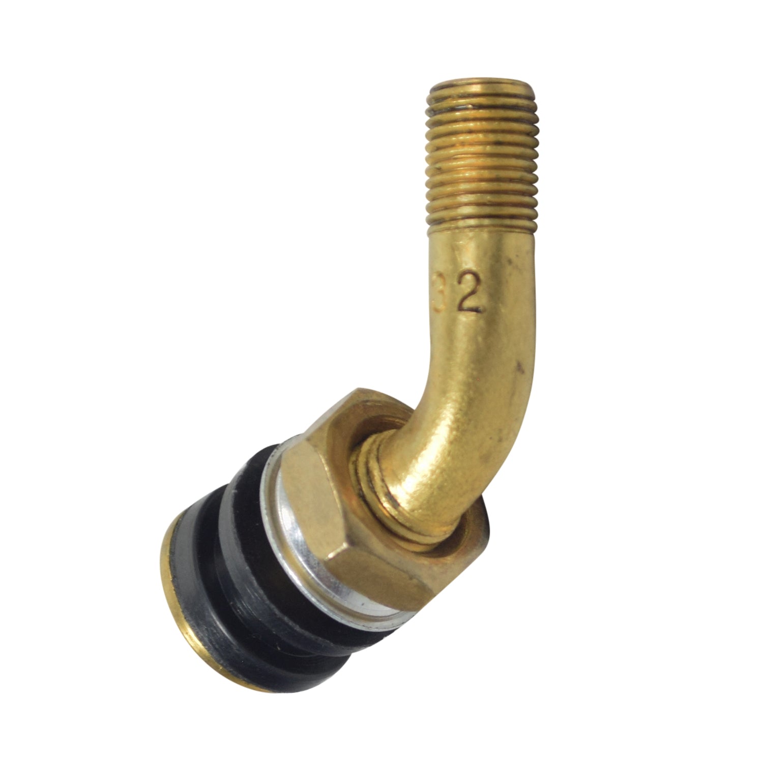 Bent Valve Stem for Tubeless Tires with Removable Locking Nut and Seals; close-up of gold and black metal pipe with visible coil and brass components, fitting various scooters and ATVs.