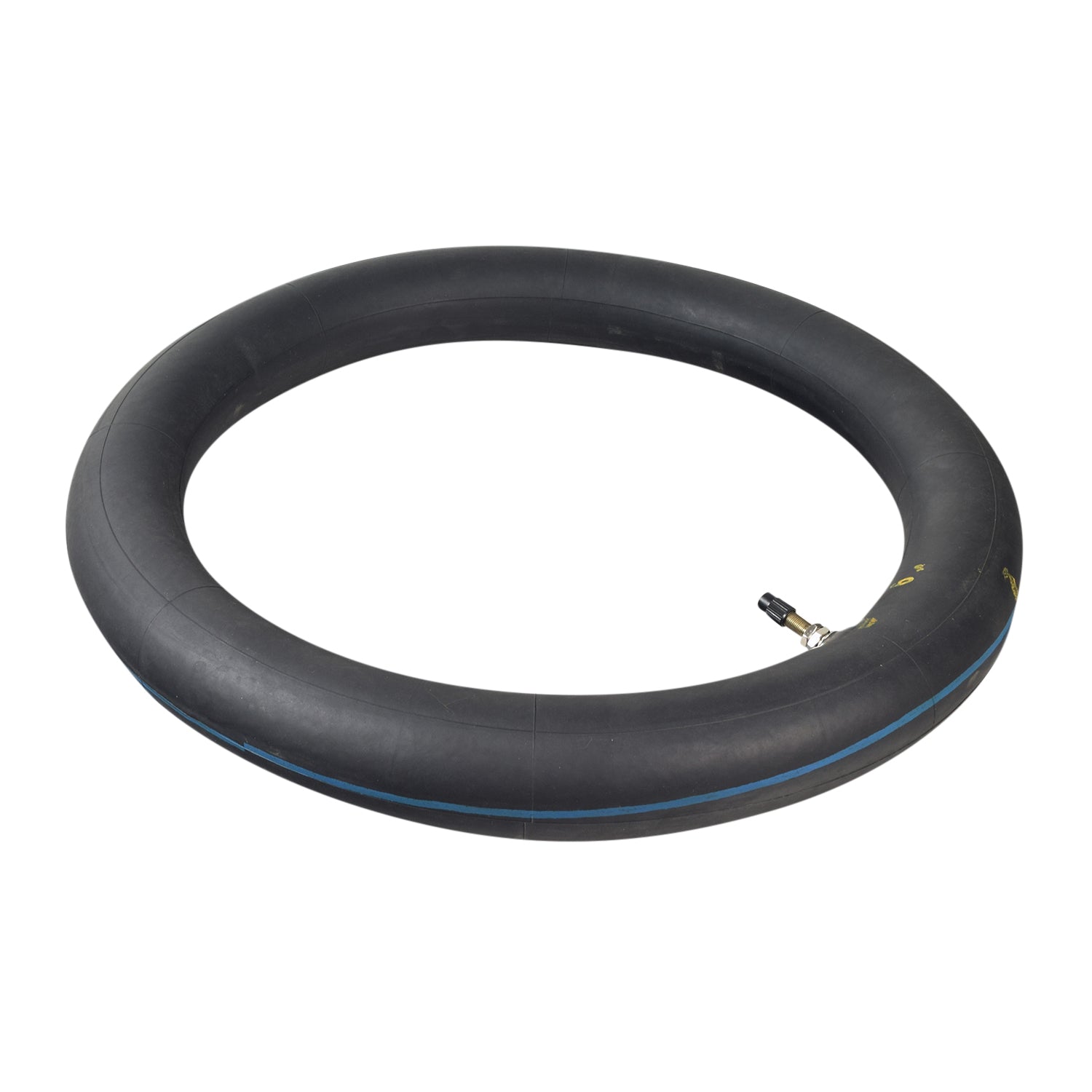 2.50-14 Inner Tube for Dirt Bikes featuring a black rubber ring with blue lines and a straight valve stem. Ideal for various dirt bike models, check compatibility for specific fits.