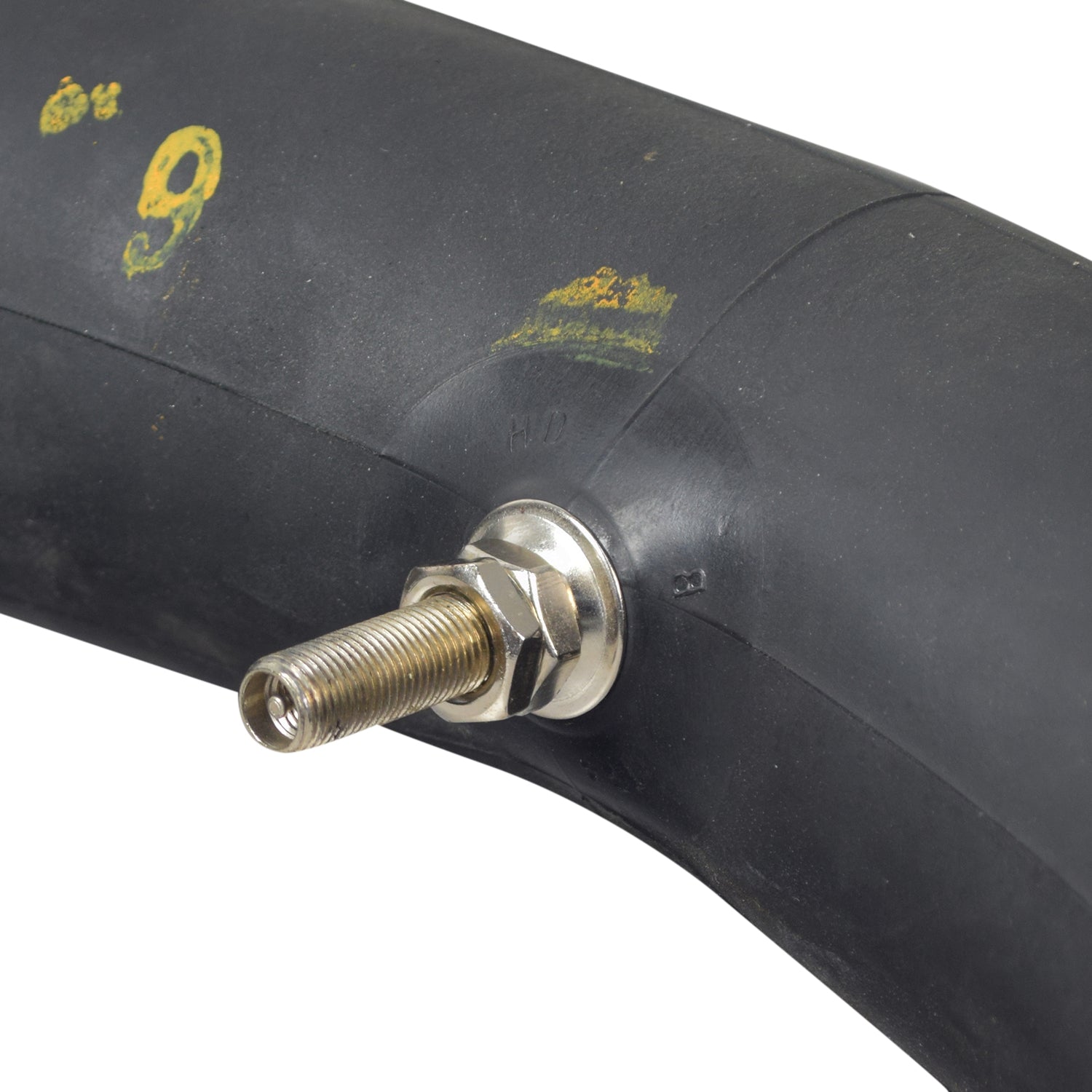 2.50-14 Inner Tube for Dirt Bikes with a black rubber body and a straight valve stem, featuring a metal nut.