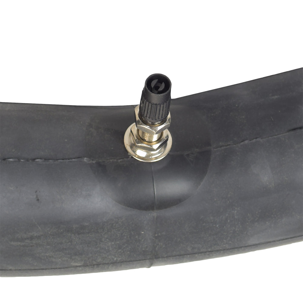 2.75/3.00-19 (70/100-19) Inner Tube for Dirt Bikes, showing a black rubber tube with a metal connector and screw, suitable for 125cc to 250cc dirt bikes like Baja and Coolster.