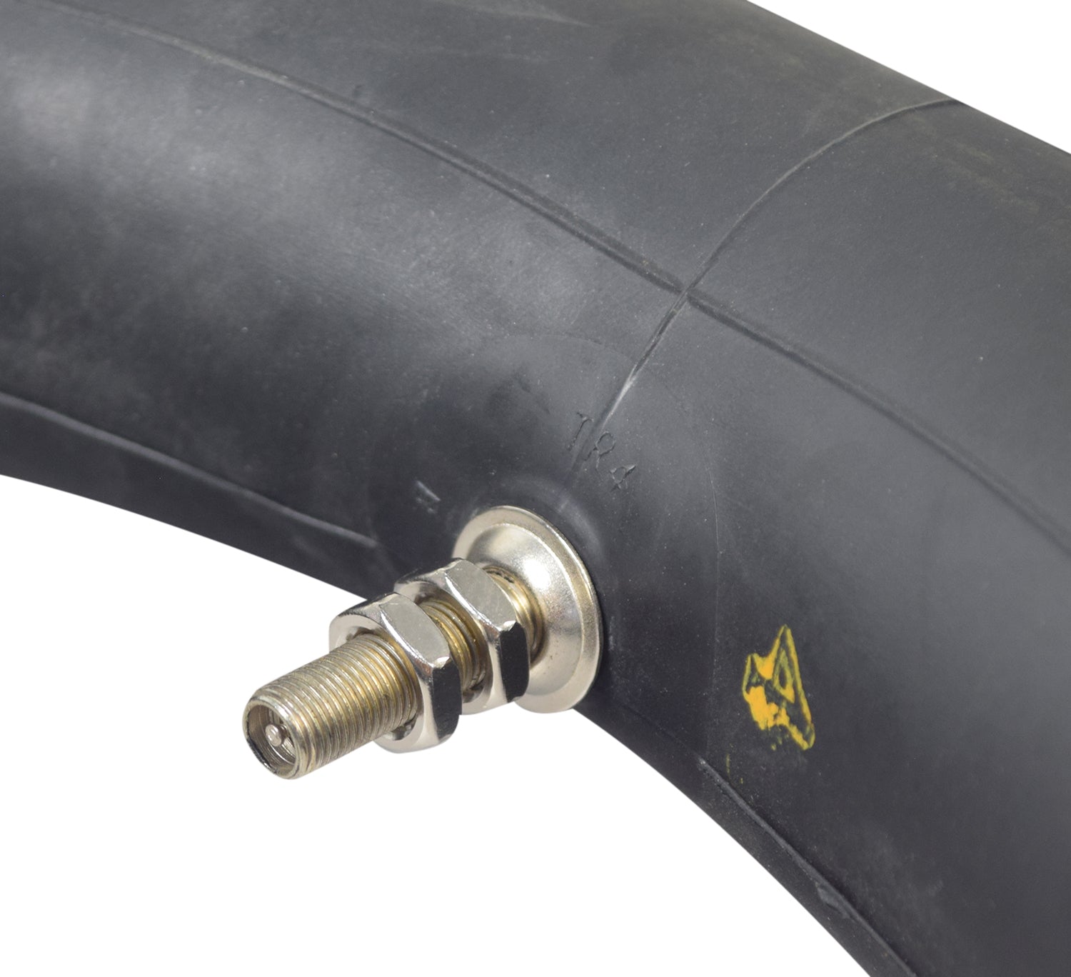 3.00-12 Inner Tube for Dirt Bikes & Scooters, featuring a black rubber tube integrated with a metal bolt and nut, designed for 70cc - 150cc dirt bikes and gas-powered scooters.