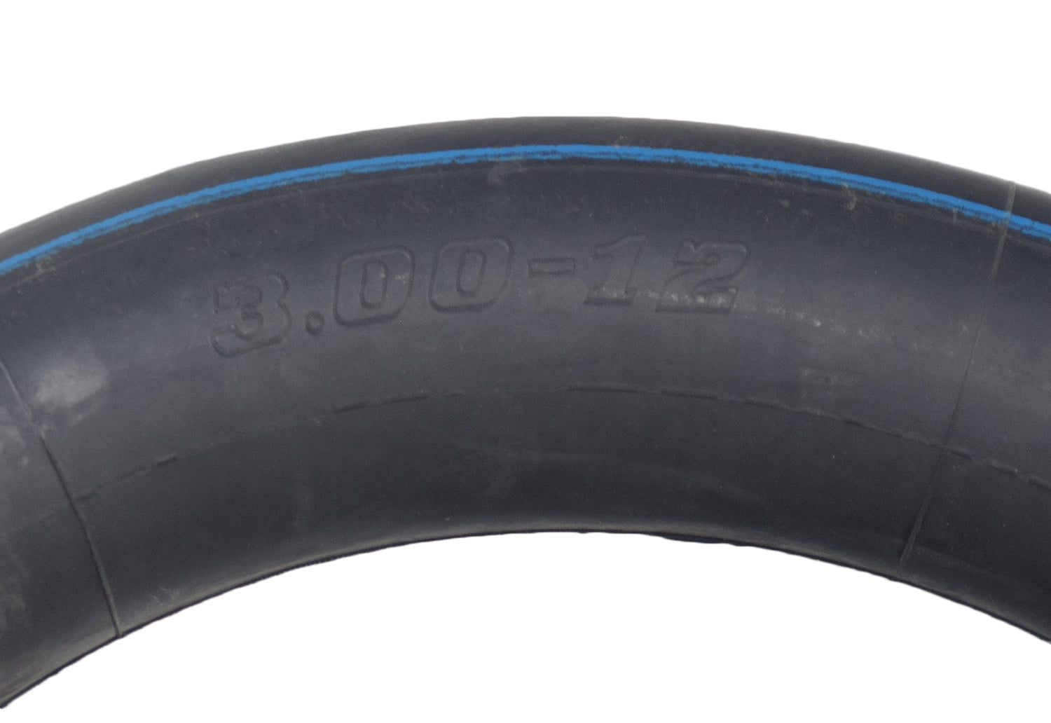 3.00-12 Inner Tube for Dirt Bikes & Scooters, featuring a black rubber tire with a blue line, commonly used on 70cc - 150cc dirt bikes and occasionally on gas-powered scooters.