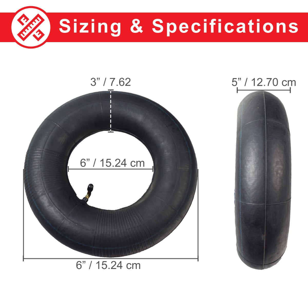 12x5.00-6 Inner Tube for the Razor Dirt Quad (versions 19+), featuring a black rubber tube with an angled valve stem, designed specifically for updated ATV models.