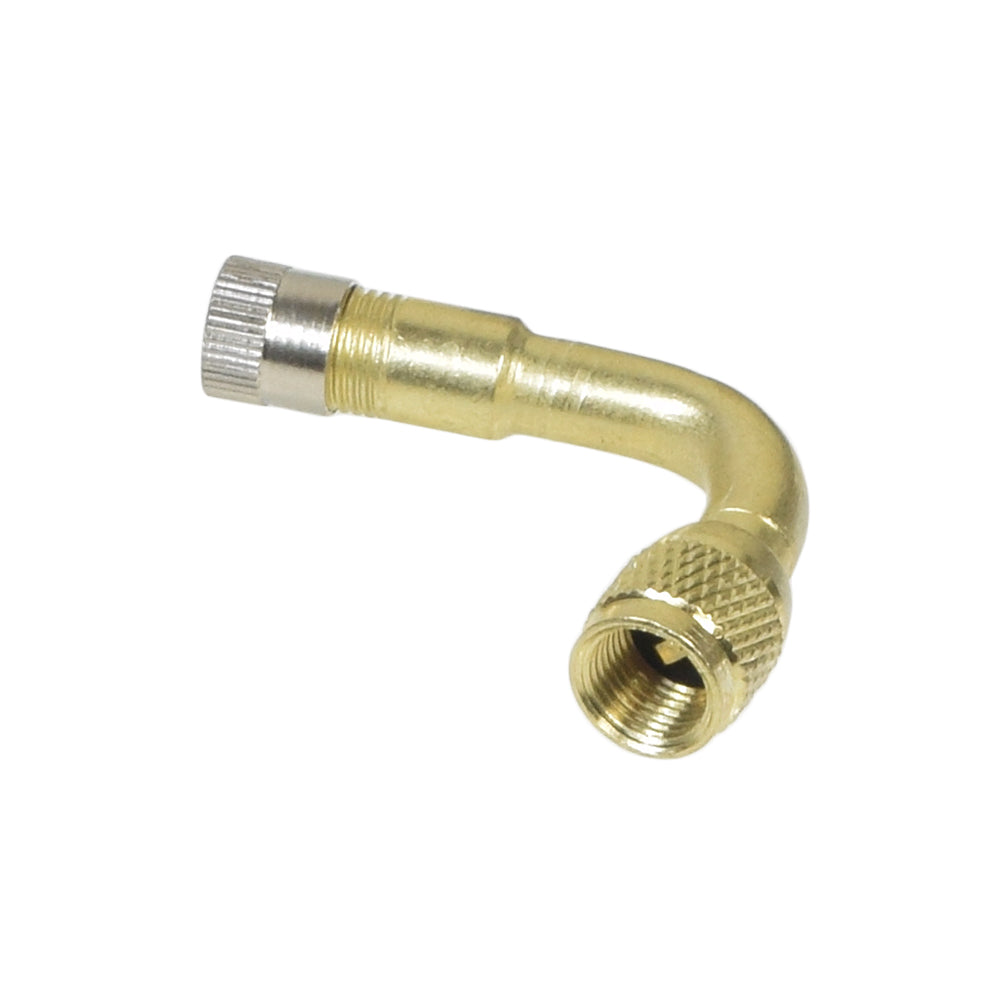 Angled Valve Stem Extender 3-Pack featuring close-up of gold and silver metal extenders in varying angles, designed to simplify access to inner tube Schrader valves. Ideal for tight spaces and easy attachment.