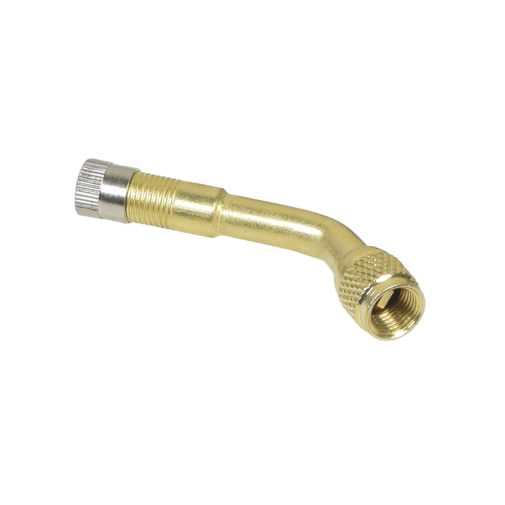 Angled Valve Stem Extender 3-Pack featuring a gold and silver metal pipe with close-up details of threaded connectors, designed for easy attachment to inner tubes with straight Schrader valves.