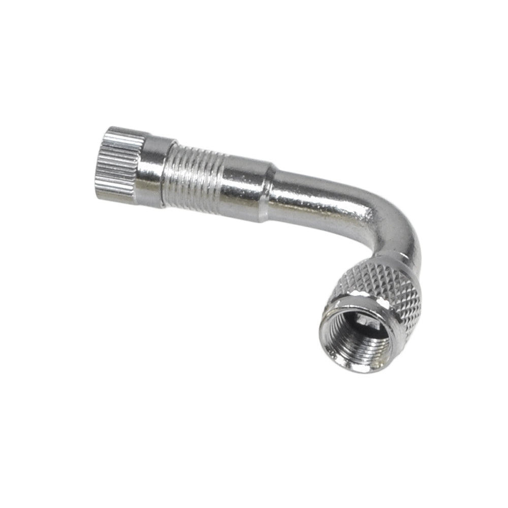 Angled Valve Stem Extender 3-Pack featuring a silver metal pipe with a nut and a silver wrench. These extenders provide extra working space around straight Schrader valves for easier air nozzle attachment.