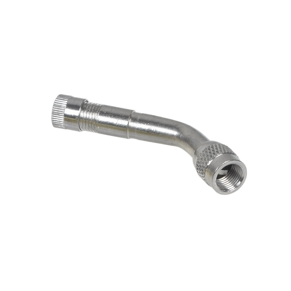 Angled Valve Stem Extender 3-Pack featuring a close-up of a silver metal pipe with a nut, showcasing a 45-degree angle for easier attachment to Schrader valves, enhancing accessibility in tight spaces.