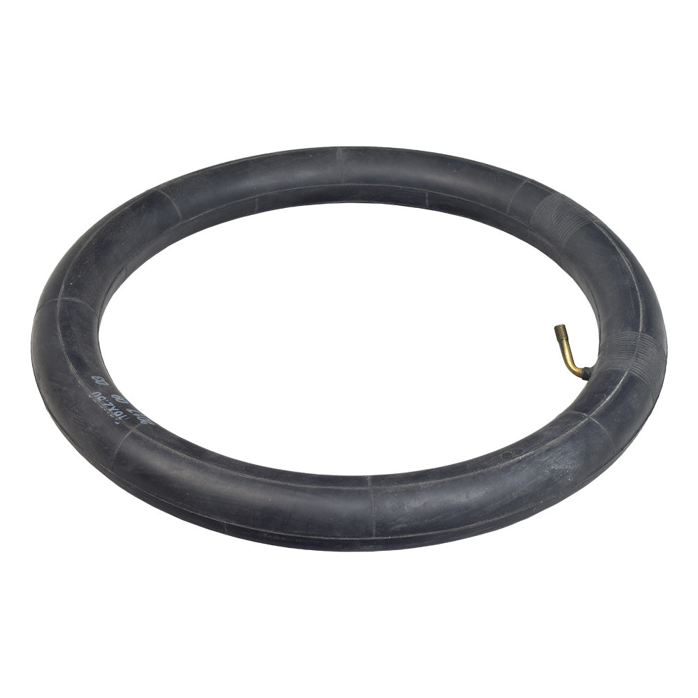 16x2.15/2.50 Inner Tube with Angled Valve Stem, featuring a black rubber ring and a metal hook.