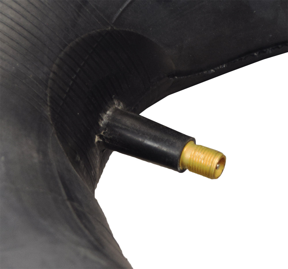 Close-up of a 10x4.50-5 Inner Tube with Straight Valve Stem for Electric Scooters & Drift Trikes, highlighting the straight valve stem designed for easy air pump or compressor hose attachment.