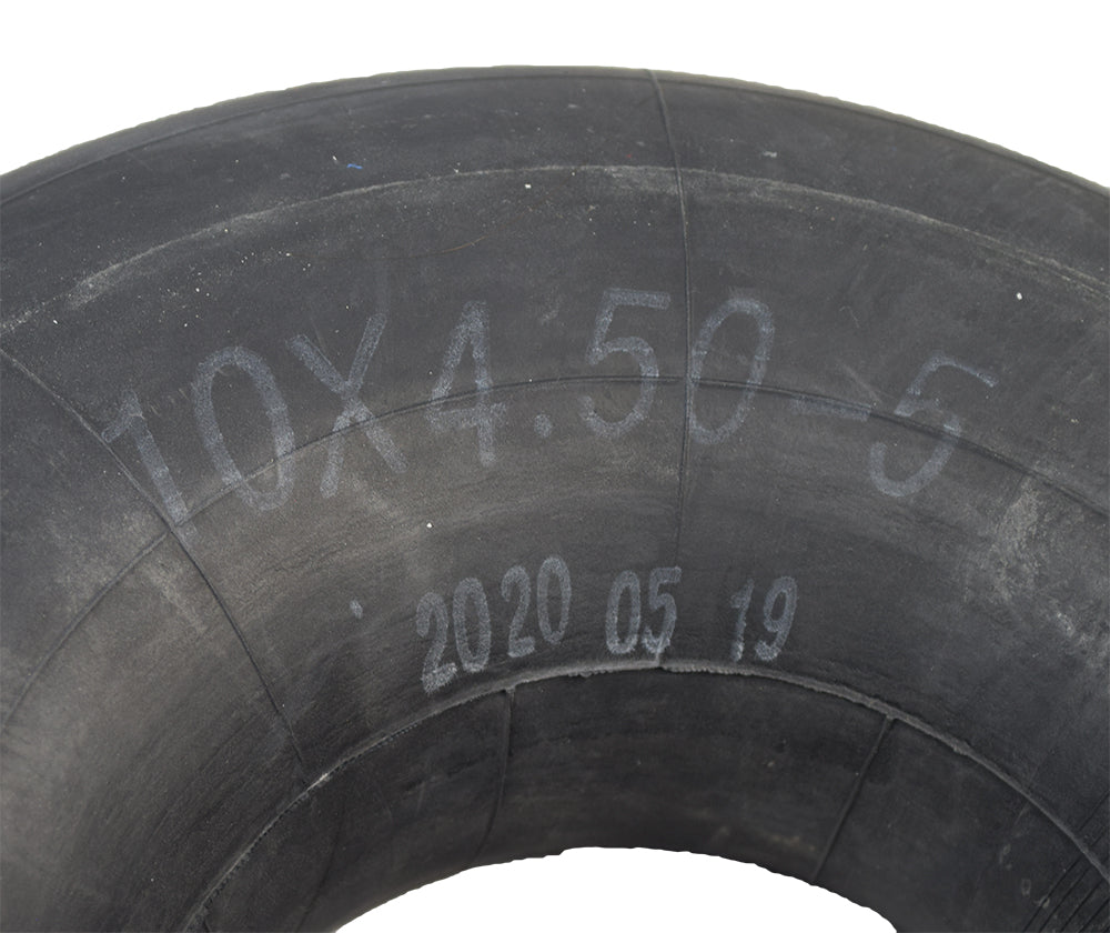 10x4.50-5 Inner Tube with Straight Valve Stem for Electric Scooters & Drift Trikes, featuring visible numbers and writing on the tire, designed for easy air pump attachment.