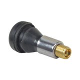 Straight Valve Stem with Sleeve for Tubeless ATV, Dirt Bike, & Scooter Tires featuring a black rubber cap, silver body, and gold screw, fitting 15mm stem mounts, 41mm in length.