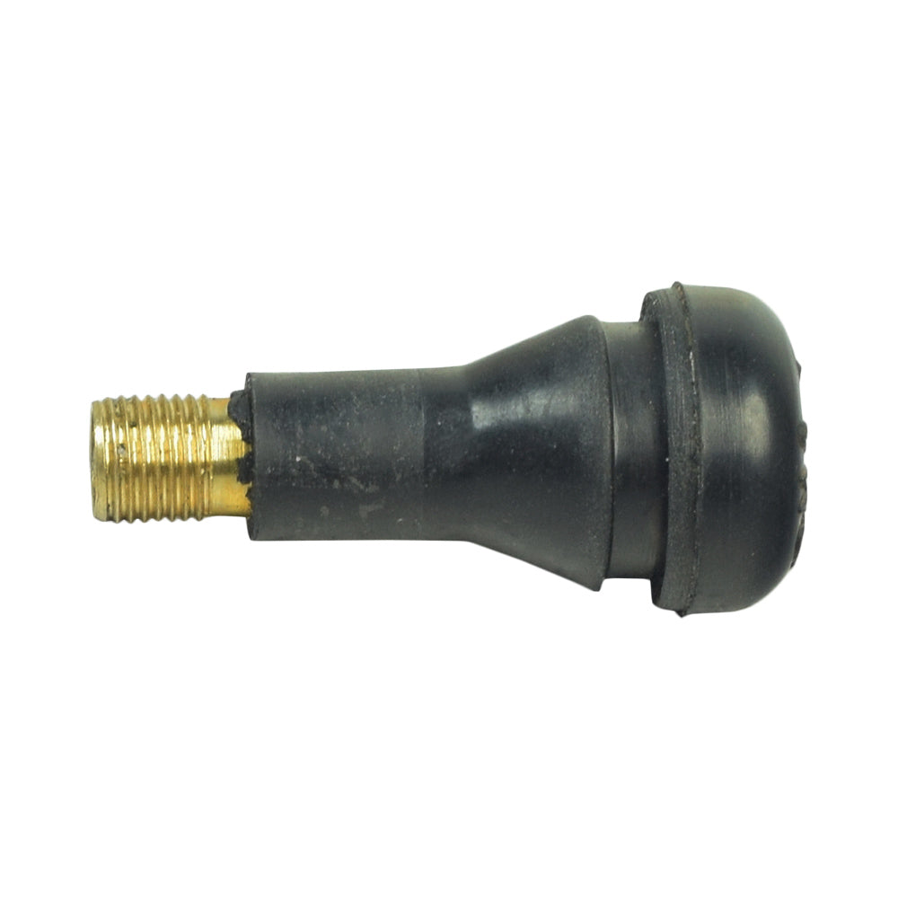 Straight Valve Stem with Sleeve for Tubeless ATV, Dirt Bike, & Scooter Tires, featuring a durable black and gold metal cylinder with a black rubber tube and brass light bulb detail.