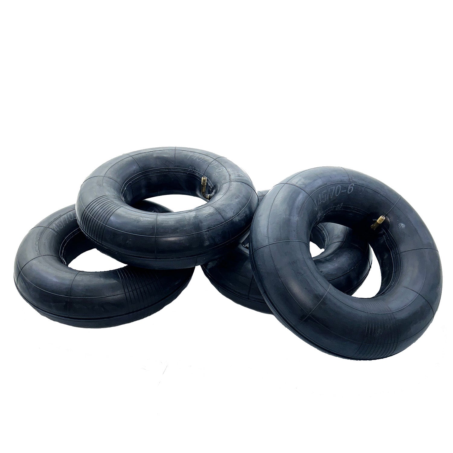 145/70-6 inner tube with a 90-degree angled valve stem for go-karts & mini bikes, shown in a stack of black tires, ideal for offroad use.