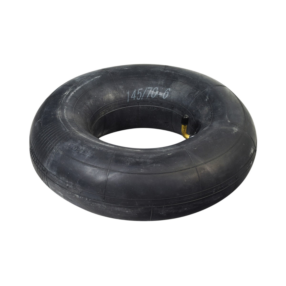 145/70-6 Inner Tube with Angled Valve Stem for Go-Karts & Mini Bikes featuring a black rubber tire with a yellow handle and 90-degree angled Schrader valve for easy air hose access.