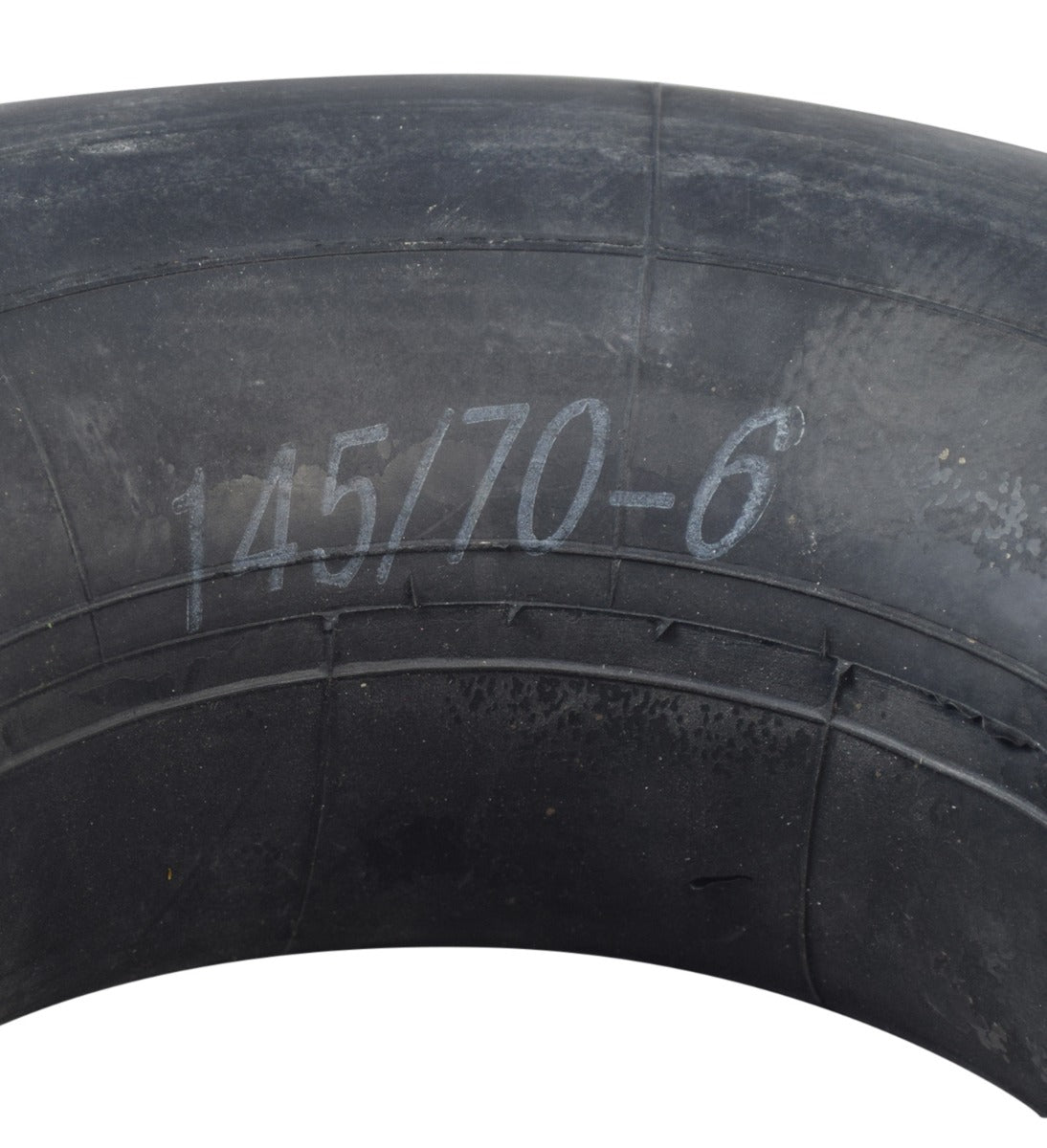 145/70-6 Inner Tube with Angled Valve Stem for Go-Karts & Mini Bikes, showcasing a black tire with a 90-degree valve stem and white text detailing tire specifications.