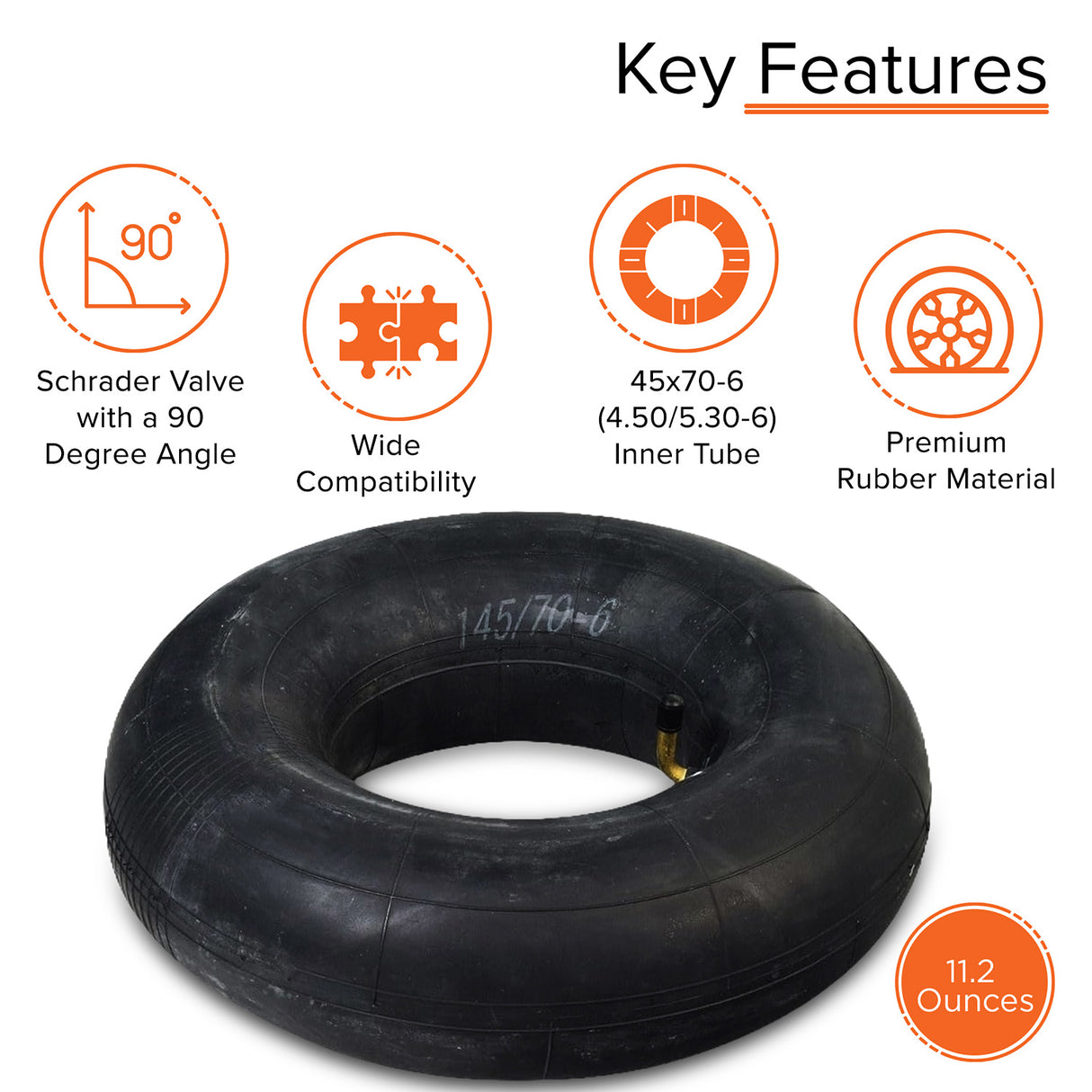 145/70-6 Inner Tube with Angled Valve Stem for Go-Karts & Mini Bikes, featuring a black rubber tire with a yellow tube and a 90-degree angled Schrader valve for easier air hose attachment.