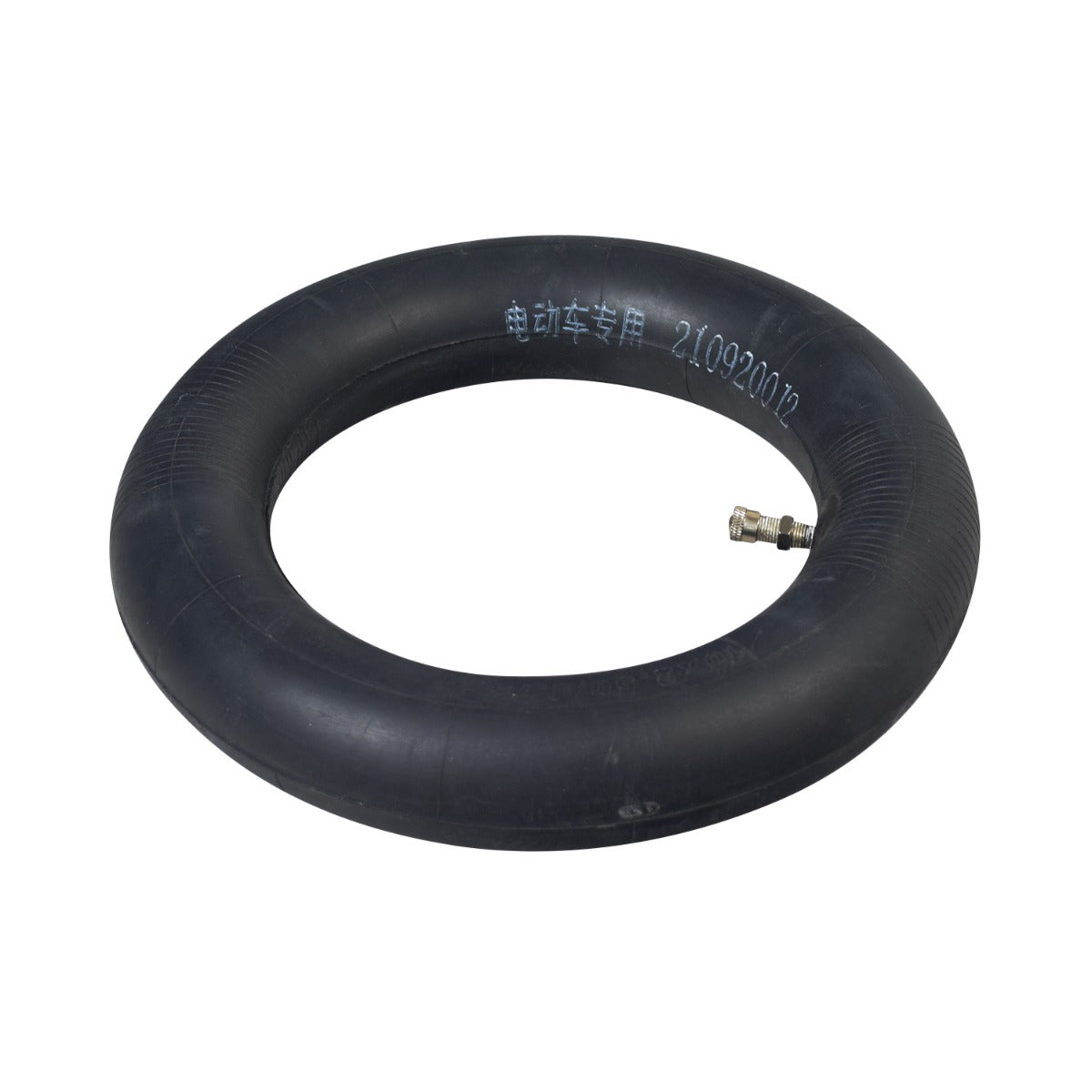 10x2.50/2.75 Inner Tube with Straight Valve Stem for the Ninebot Max G30 Scooter, featuring a black tire, metal Schrader valve, and visible writing on the sidewall.