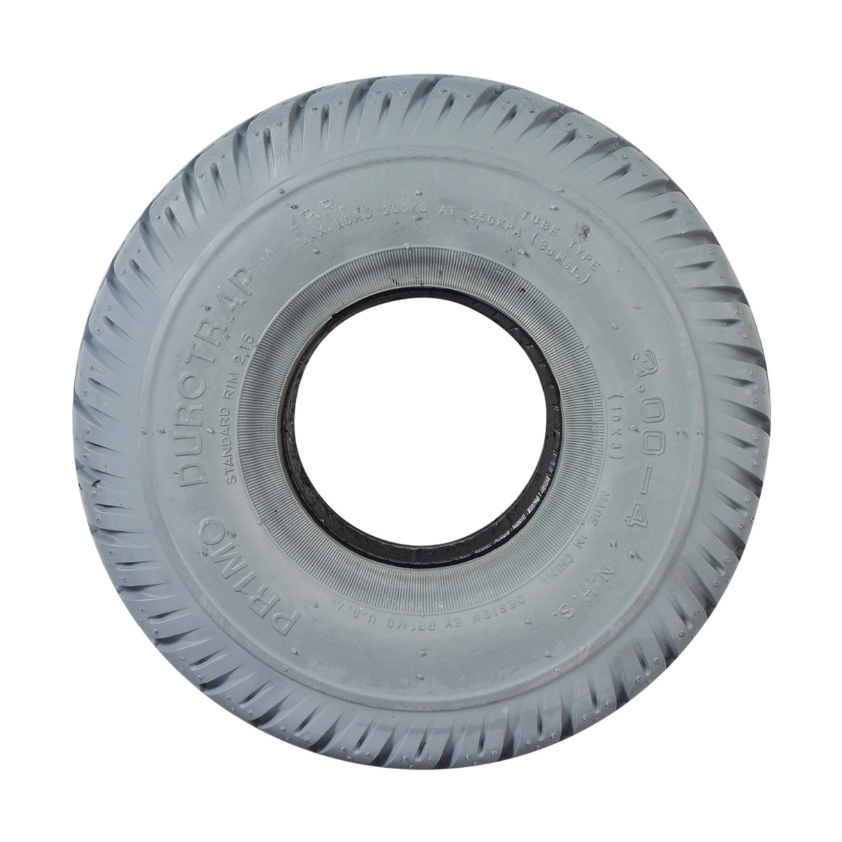 3.00-4 (10x3, 260X85) Foam-Filled Mobility Tire (2-5/8 Bead Width) with Durotrap C9210 Tread, featuring a grey circular tire with a hole in the middle, designed for scooters.