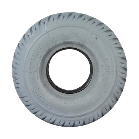 3.00-4 (10x3, 260X85) Foam-Filled Mobility Tire (2-5/8 Bead Width) with Durotrap C9210 Tread (Blemished), gray, circular tire with central hole, non-marking tread, suitable for various scooter models.