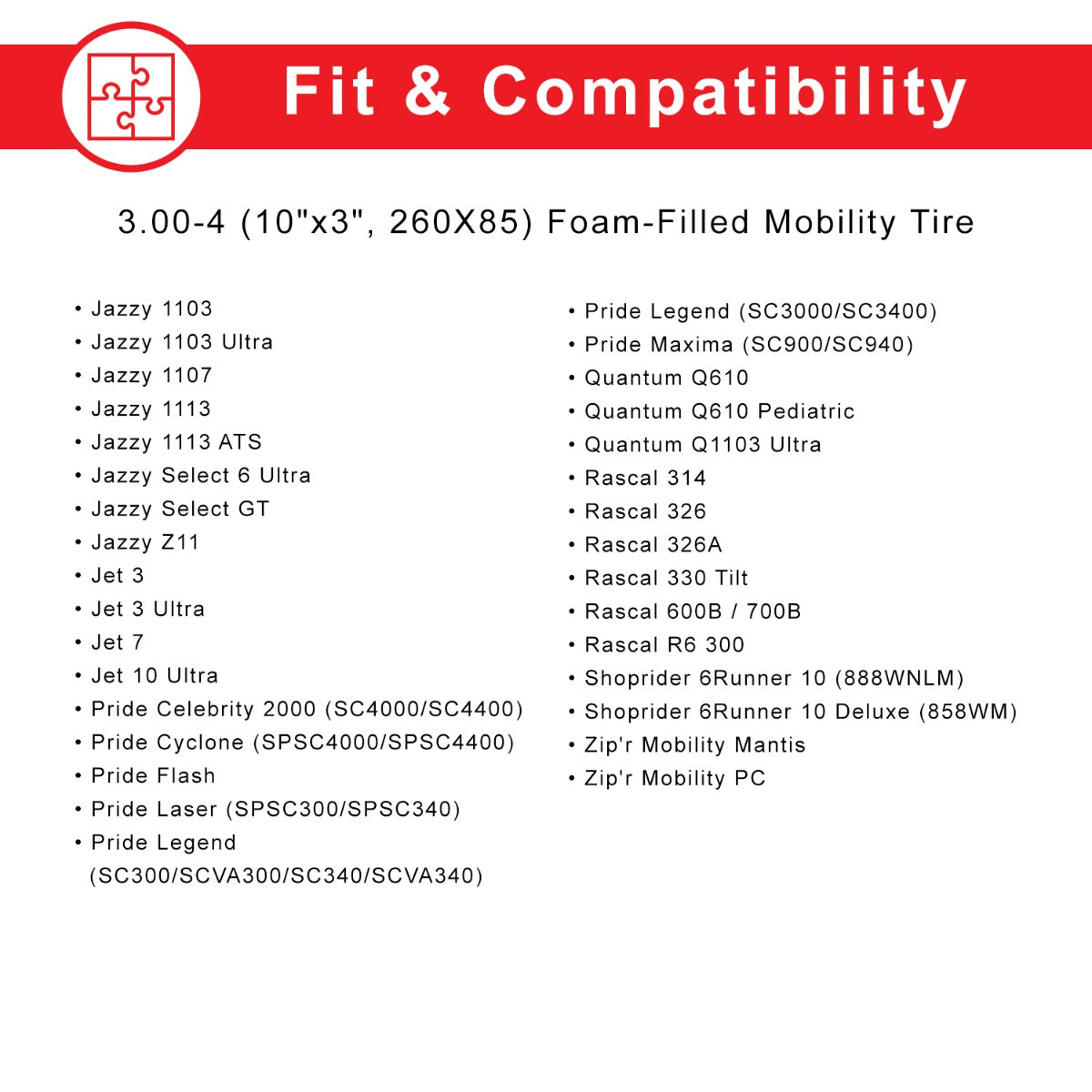 3.00-4 (10x3, 260X85) Foam-Filled Mobility Tire (2-5/8 Bead Width) with Durotrap C9210 Tread, featuring a non-marking gray tire with a black foam interior, suitable for various scooter models.