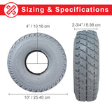 3.00-4 (10x3, 260X85) Foam-Filled Mobility Tire (2-5/8 Bead Width) with Durotrap C9210 Tread shown with size comparison and close-up of tread pattern.