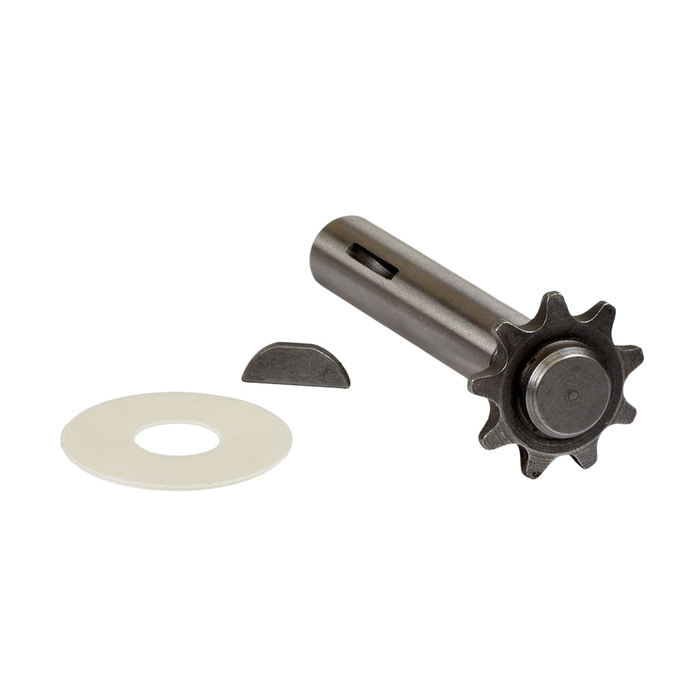 Jackshaft with Woodruff Key for the Amigo Value Shopper, featuring a metal gear with a white rubber ring, close-up of the 9-tooth sprocket, and nylon washer essential for the scooter's drive system.