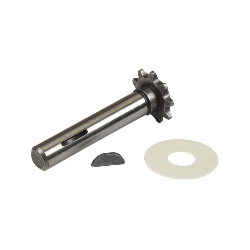 Jackshaft with Woodruff Key for the Amigo Value Shopper, featuring a metal cylinder, 9-tooth sprocket, nylon washer, and a small ring, essential for the scooter's drive system.