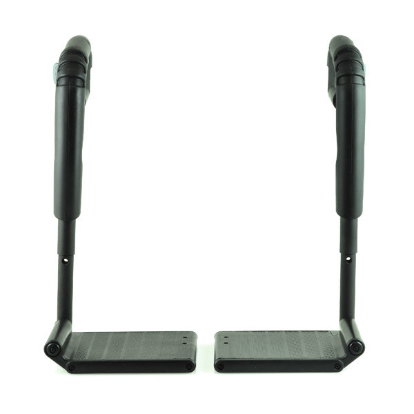 80 Degree Swing-Away Leg Rest Assembly (Left and Right) for Jazzy, Jet, and Quantum Power Chairs (Set of 2); pair of black metal legs with rods and handles, designed for Synergy Seat systems.