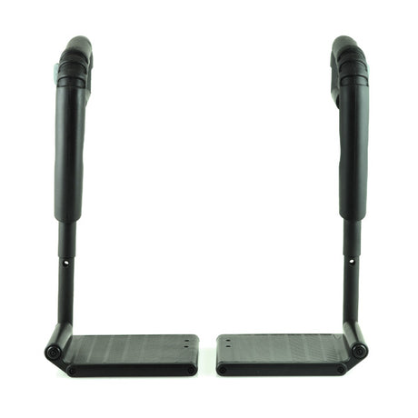 80 Degree Swing-Away Leg Rest Assembly (Left and Right) for Jazzy, Jet, and Quantum Power Chairs (Set of 2); pair of black metal legs with rods and handles, designed for Synergy Seat systems.