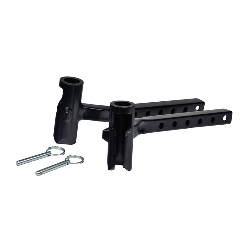 Universal Leg Rest Hanger Assembly for Jazzy Power Chairs with Clover Leaf Seating and Elevating Leg Rests, showcasing two black metal bars with holes, including left and right side hangers and cotter pins.