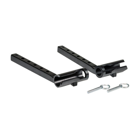 Universal Leg Rest Hanger Assembly for Jazzy Power Chairs with Clover Leaf Seating and Elevating Leg Rests, featuring two black metal hangers with holes and detent cotter pins for left and right sides.