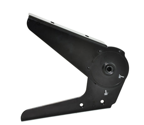 Jazzy Seat Left Hinge Assembly: A black metal device with a round hole, specifically designed for the left-side hinge of limited recline high back seats in Jazzy power chairs.