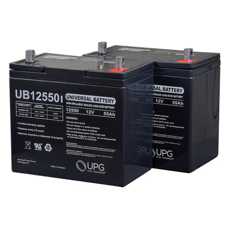 24 Volt 22NF (55 Ah) Battery Pack for the Jazzy 1105, showing a pair of maintenance-free, black AGM batteries with white text, designed for reliable, spill-proof power and airline-safe use.