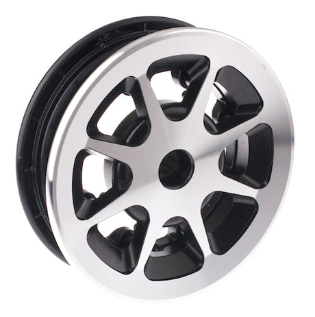 8 Rim Assembly for Jazzy & Jet Power Chairs featuring a black and silver alloy wheel with a reinforced honeycomb design, including split rim halves and allen bolts for secure assembly.