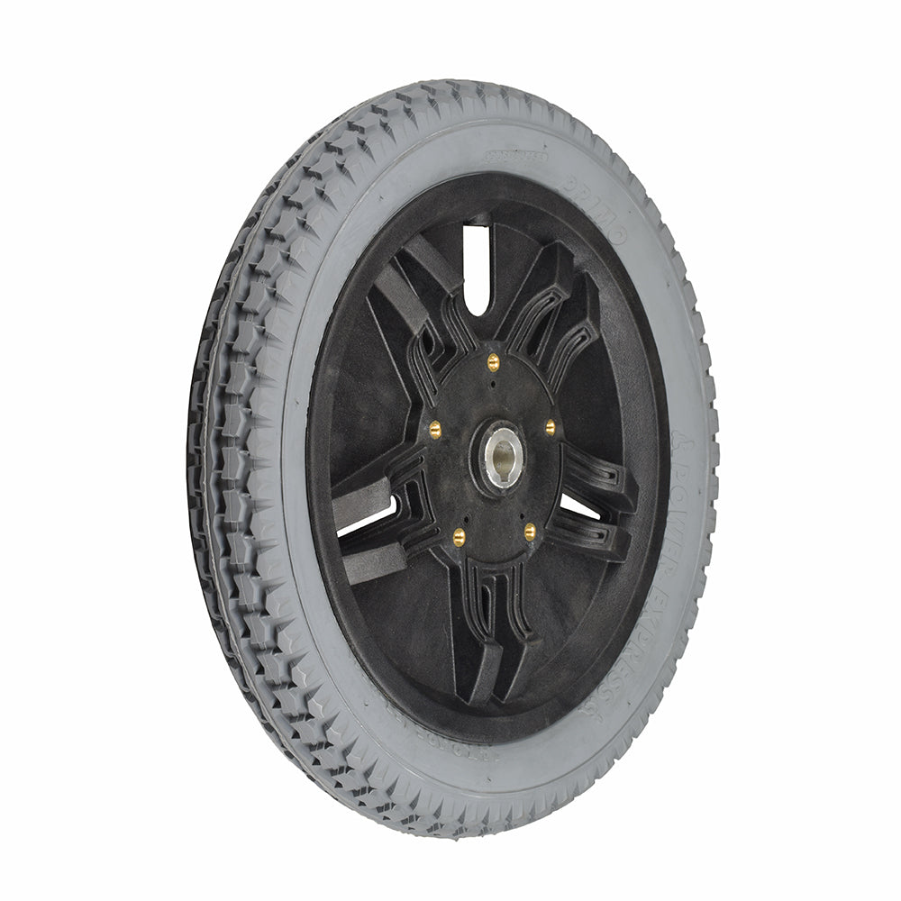 14x2.125 Flat-Free Drive Wheel Assembly for Jazzy 1105, 1115, Jet 1, Jet 2, Jet 10, & Jet 12 Power Chairs, featuring a black tire, grey rim, and flat-free insert.