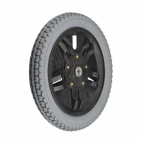 14x2.125 Flat-Free Drive Wheel Assembly for Jazzy 1105, 1115, Jet 1, Jet 2, Jet 10, & Jet 12 Power Chairs, featuring a black tire, grey rim, and flat-free insert.