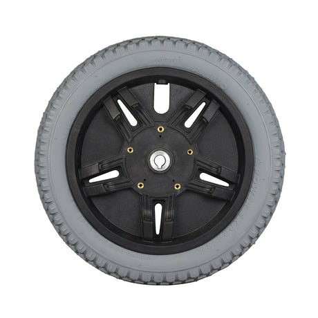 14x2.125 Flat-Free Drive Wheel Assembly for Jazzy 1105, 1115, Jet 1, Jet 2, Jet 10, & Jet 12 Power Chairs, featuring a black rim and molded plastic construction, with a flat-free insert.