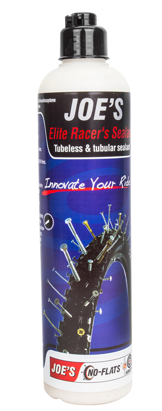 Joe's Elite Racer's Sealant - 500 ml Bottle: Image shows a can of tire sealant specifically designed for professional mountain biking, highlighting its tough, puncture-sealing capabilities for extreme conditions.