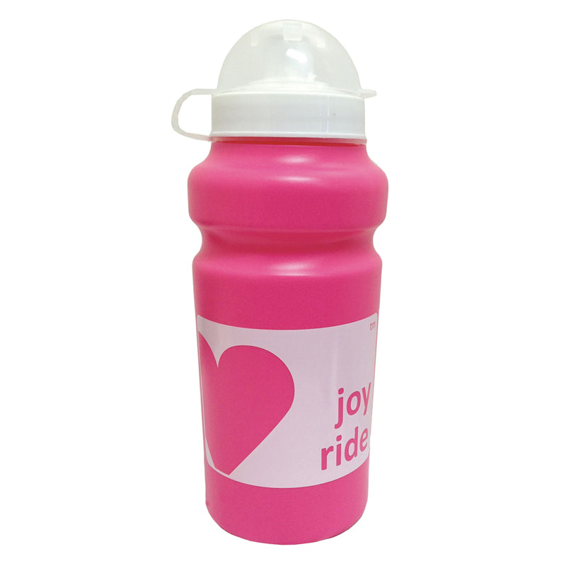 Joy Ride H20 Water Bottle showing a pink plastic design with a white lid, 20 oz. capacity, and fits most bike cages. BPA-free and dishwasher safe, perfect for on-the-go hydration.