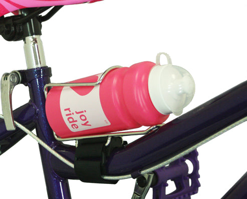 Joy Ride H20 Water Bottle: A pink water bottle with a white lid securely mounted on a purple bicycle, designed for easy use and BPA-free hydration.