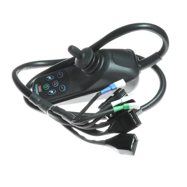 6 Key VSI Joystick Controller for the Amigo eXcite Power Chair, shown with attached wires and multiple function keys, including on/off, horn, speed/profile adjustments, and indicators.