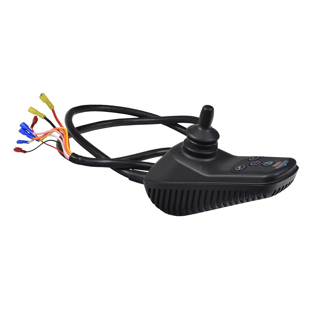 Joystick Controller for the Hoveround® MPV5® (Used) featuring a black device with attached cables and a plastic pump, sourced from a fully functioning Hoveround® MPV5® power chair.