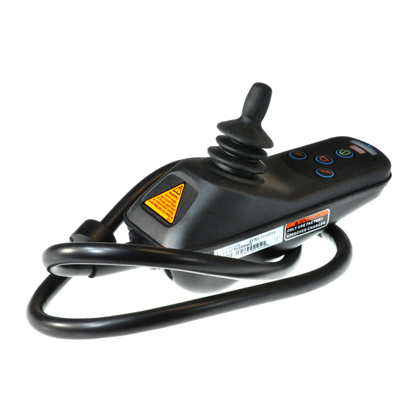 Joystick Controller for the Shoprider Featherlite, Smartie, and Trooper power chairs, featuring a black remote control design with a cable attached, suitable for precise maneuvering and control.