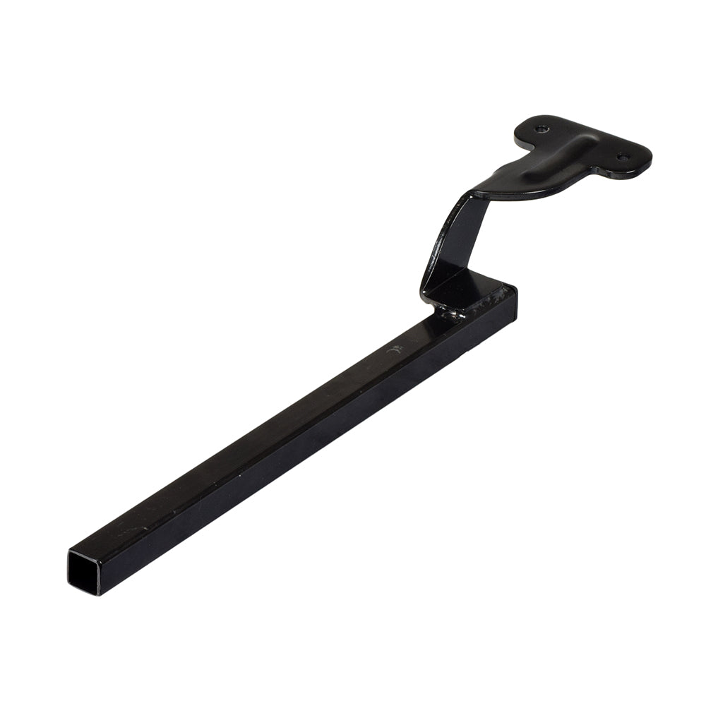 Joystick Mounting Bracket for Shoprider Power Chairs, featuring a black metal structure with a handle and hole, designed to attach to armrests for precise joystick positioning.