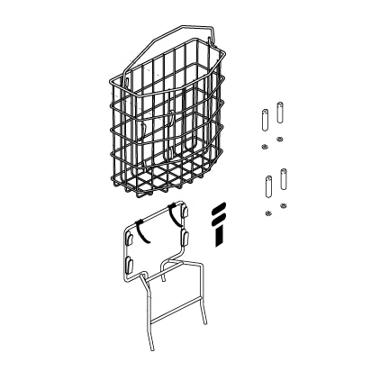 Front Basket Assembly with Mounting Hardware for the Pride Hurricane Mobility Scooter, featuring a wire basket, mounting bracket, riser brackets, screws, washers, reusable fasteners, and decals.