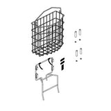 Front Basket Assembly with Mounting Hardware for the Pride Hurricane Mobility Scooter, featuring a wire basket, mounting bracket, riser brackets, screws, washers, reusable fasteners, and decals.