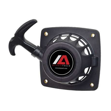 Scooter Pull Start with 4 Mounting Holes, featuring a black plastic handle and circular pull mechanism, ideal for 33cc-52cc Chinese gasoline engines, suitable for scooters, weed trimmers, and more.