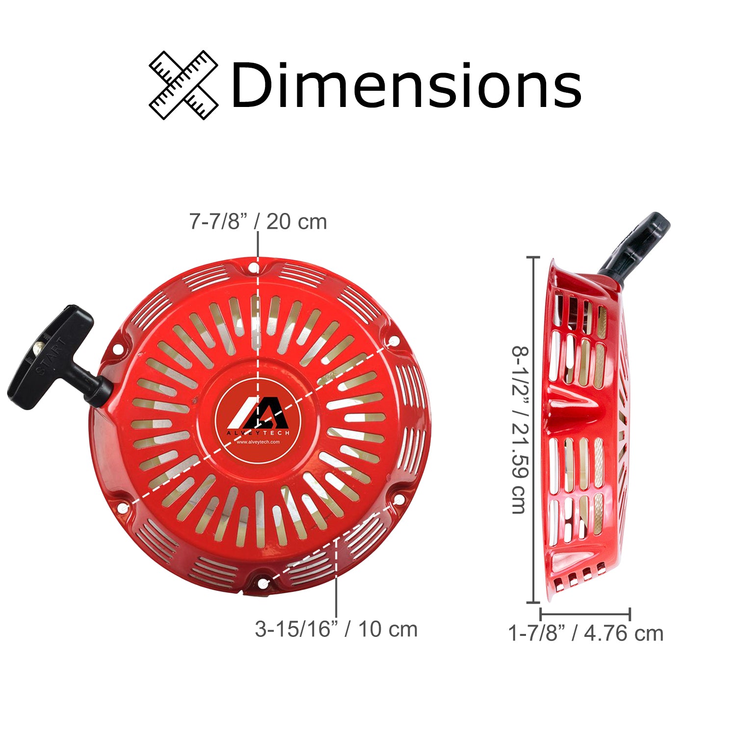 Recoil Pull Start for Honda GX340, GX390, GX420, & GX440 Engines featuring a red circular housing with visible holes and a black handle, suitable for various gas-powered equipment.